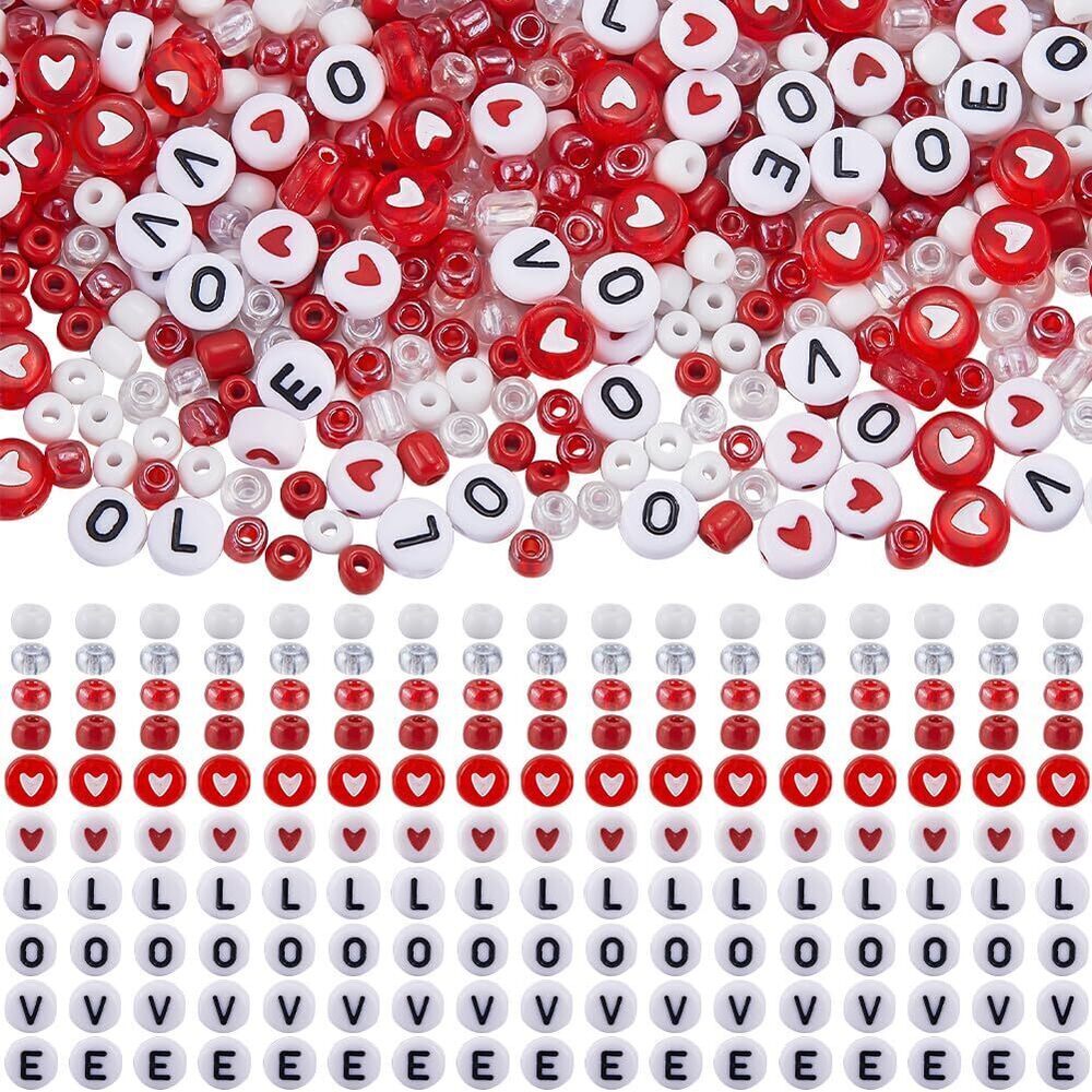 2504 1600Pcs Valentines Day Bead Kit 4mm Glass Seed Bead Bracelet Kit Red